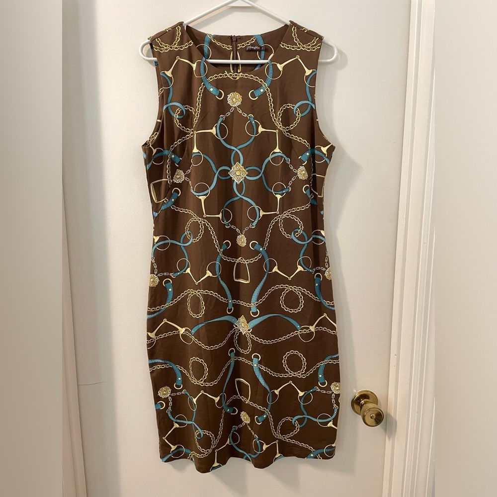 J McLaughlin Sophia Sleeveless Brown Gold Blue Horse Bridle Pattern dress Size L